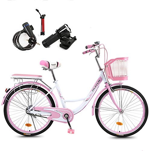 Biciclette da città : GHH 20" 24" 26" 1 velocità Bici da Città Bicicletta Comfort Bike Donna Cicli, con cestello + Lampada, Blocco Cavo, Pompa, Strumento di Installazione, Rosa, 26