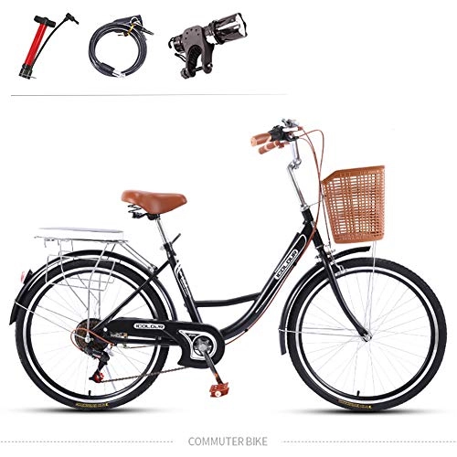 Biciclette da città : GHH 7 velocità- Nero -24" Bicicletta Bici Unisex – Adulto Town / Bicicletta di Città con Cestello Strumento di Installazione Blocco Cavo