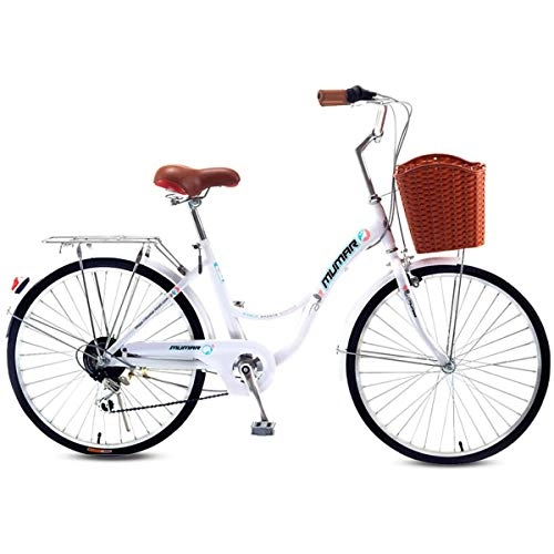 Biciclette da città : HBNW - Bicicletta da città da 24 pollici con cestino e fanale posteriore per bicicletta, tradizionale a 6 velocità, bicicletta da città per uomini e donne