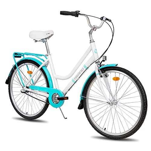 Biciclette da città : HILAND 26 pollici Urban City Bike da donna con freno a V, Shimano 3 velocità, leva del cambio e portapacchi, bianco e blu