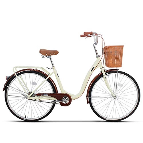 Biciclette da città : JHKGY - Bicicletta Cruiser per adulti, stile retrò, a singola velocità, per uomo, donna, con cestino e portapacchi posteriore, Beige, 66 cm