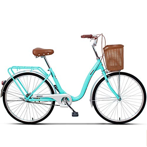 Biciclette da città : Ladies Bike, Bici Classic Cruiser Moto d'Epoca con Trasmissioni Telaio della Bicicletta Cestino Retro Tempo Libero Strada Urbana di Alluminio per Le Donne E Biciclette Olandese Bici da Uomo, Blu, 26"