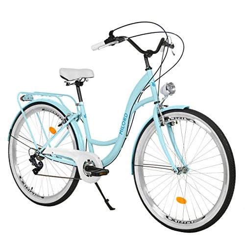 Biciclette da città : Milord. Bicicletta Comfort Azzurro a 7 velocità da 28 Pollici con Marsupio Posteriore, Bici Olandese, Bici da Donna, City Bike, retrò, Vintage