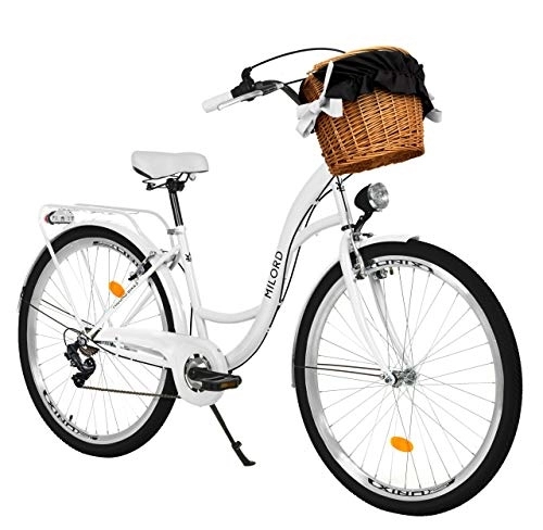 Biciclette da città : Milord. Bicicletta Comfort Bianco a 7 velocità da 28 Pollici con cestello e Marsupio Posteriore, Bici Olandese, Bici da Donna, City Bike, retrò, Vintage