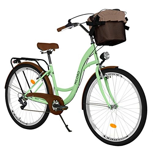 Biciclette da città : Milord. Bicicletta Comfort Menta Verde a 7 velocità da 26 Pollici con cestello e Marsupio Posteriore, Bici Olandese, Bici da Donna, City Bike, retrò, Vintage