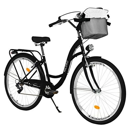 Biciclette da città : Milord. Bicicletta Comfort Nero a 7 velocità da 26 Pollici con cestello e Marsupio Posteriore, Bici Olandese, Bici da Donna, City Bike, retrò, Vintage