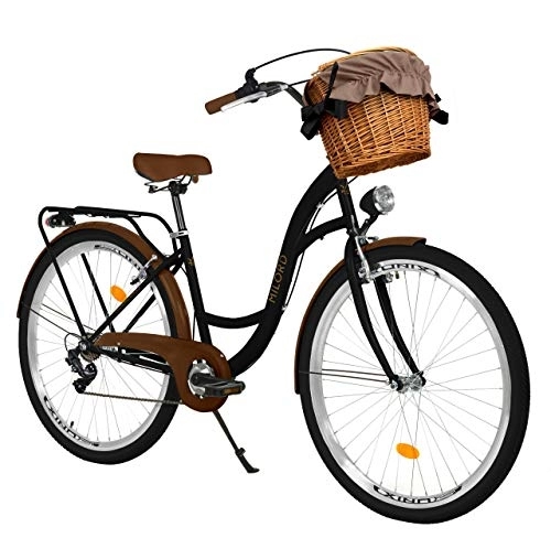 Biciclette da città : Milord. Bicicletta Comfort Nero e Marrone a 7 velocità da 26 Pollici con cestello e Marsupio Posteriore, Bici Olandese, Bici da Donna, City Bike, retrò, Vintage