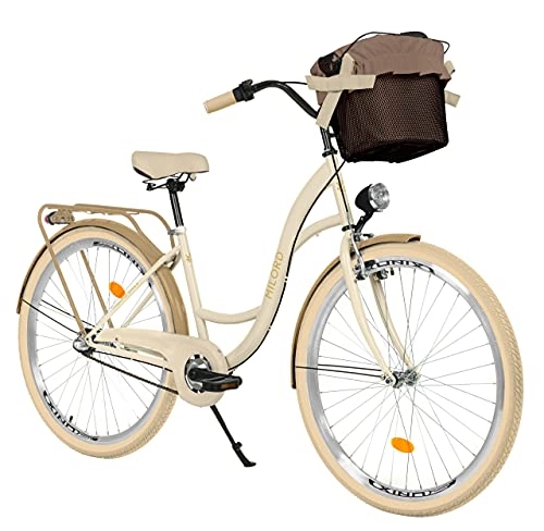 Biciclette da città : Milord. Bicicletta da donna, 28 pollici, 3 marce, color crema, marrone, comoda, con cestino, olandese