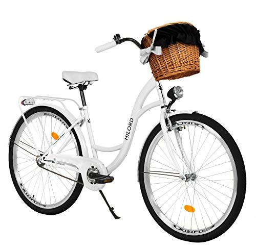 Biciclette da città : Milord Bikes Bicicletta Comfort Bianco a 3 velocità da 26 Pollici con cestello e Marsupio Posteriore, Bici Olandese, Bici da Donna, City Bike, retrò, Vintage