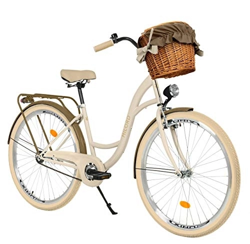 Biciclette da città : Milord Bikes Bicicletta Comfort cremoso - Marrone a 1 velocità da 28 Pollici con cestello e Marsupio Posteriore, Bici Olandese, Bici da Donna, City Bike, retrò, Vintage