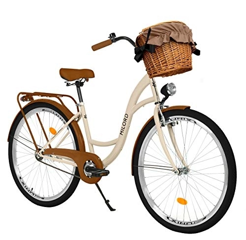 Biciclette da città : Milord Bikes Bicicletta Comfort Marrone a 3 velocità da 26 Pollici con cestello e Marsupio Posteriore, Bici Olandese, Bici da Donna, City Bike, retrò, Vintage
