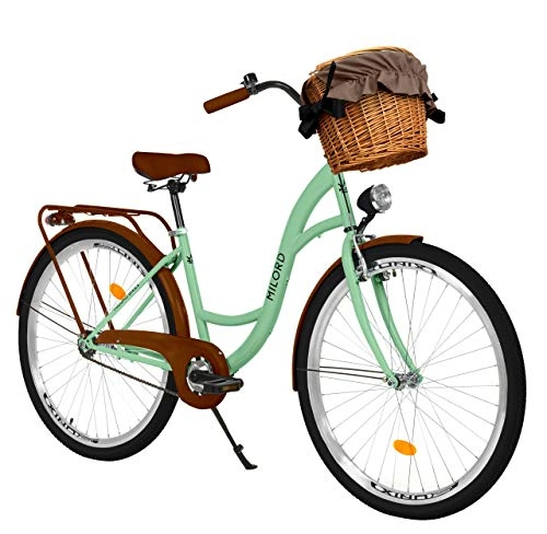 Biciclette da città : Milord Bikes Bicicletta Comfort Menta a 3 velocità da 26 Pollici con cestello e Marsupio Posteriore, Bici Olandese, Bici da Donna, City Bike, retrò, Vintage