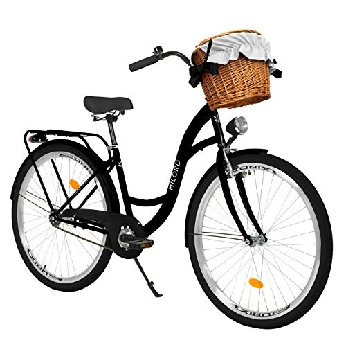 Biciclette da città : Milord Bikes Bicicletta Comfort Nero a 3 velocità da 26 Pollici con cestello e Marsupio Posteriore, Bici Olandese, Bici da Donna, City Bike, retrò, Vintage