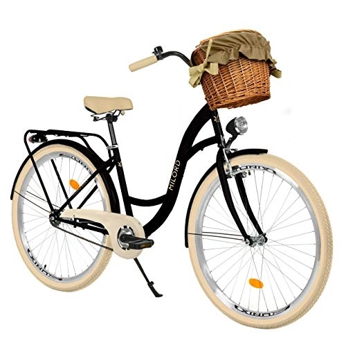 Biciclette da città : Milord Bikes Bicicletta Comfort Nero e Crema a 1 velocità da 28 Pollici con cestello e Marsupio Posteriore, Bici Olandese, Bici da Donna, City Bike, retrò, Vintage