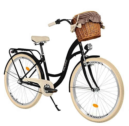 Biciclette da città : Milord Bikes Bicicletta Comfort Nero e Crema a 3 velocità da 28 Pollici con cestello e Marsupio Posteriore, Bici Olandese, Bici da Donna, City Bike, retrò, Vintage