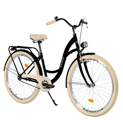 Biciclette da città : Milord Bikes Bicicletta Comfort Nero e Crema a 3 velocità da 28 Pollici con Marsupio Posteriore, Bici Olandese, Bici da Donna, City Bike, retrò, Vintage