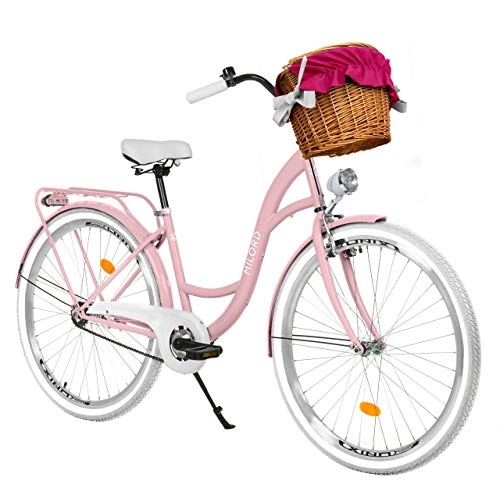 Biciclette da città : Milord Bikes Bicicletta Comfort Rosa a 3 velocità da 26 Pollici con cestello e Marsupio Posteriore, Bici Olandese, Bici da Donna, City Bike, retrò, Vintage