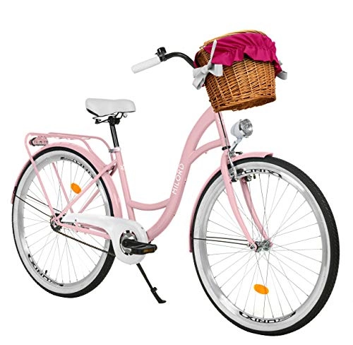 Biciclette da città : Milord Bikes Bicicletta Comfort Rosa a 3 velocità da 28 Pollici con cestello e Marsupio Posteriore, Bici Olandese, Bici da Donna, City Bike, retrò, Vintage