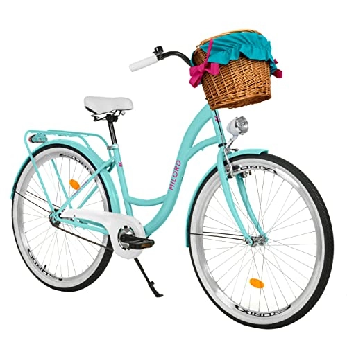 Biciclette da città : Milord Comfort Bicicletta con Cestino in vimini Bicicletta olandese da donna, City Bike, Retro, Vintage, 26 pollici, 1 velocità, Blu Aqua