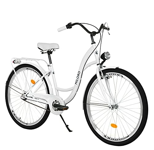 Biciclette da città : Milord. Comfort bicicletta con portapacchi, bicicletta olandese da donna, 3 marce, bianco, 28 pollici
