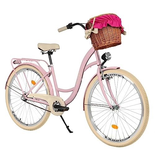 Biciclette da città : Milord Comfort - Bicicletta da donna con cestino in vimini, stile olandese, da città, vintage, 26 pollici, rosa crema, cambio Shimano a 3 marce