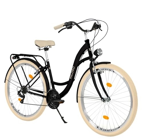 Biciclette da città : Milord Comfort, bicicletta olandese per giovani, City bike, vintage, 28 pollici, colore nero crema, cambio Shimano a 21 marce