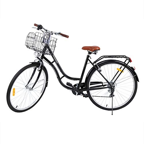 Biciclette da città : MuGuang 28 Pollici 7 Velocità Signore Città Bici Olandese Stile Bicicletta all'Aperto Sport Città Urbana Bicicletta Shopper Bici Luce + Basket + Campana + Batteria-Powered Light(Nero)