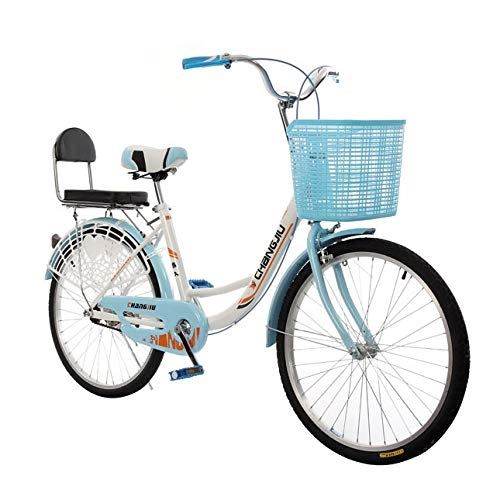 Biciclette da città : QLHQWE Bicicletta da Donna in Stile Olandese, 24 Pollici con cestello Sedile Posteriore da Donna Casual Classico Bicicletta in Acciaio al Carbonio Doppio Freno a V Scelta Multipla di Colori, Blu