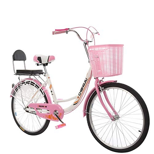 Biciclette da città : QLHQWE Bicicletta da Donna in Stile Olandese, 24 Pollici con cestello Sedile Posteriore da Donna Casual Classico Bicicletta in Acciaio al Carbonio Doppio Freno a V Scelta Multipla di Colori, Rosa
