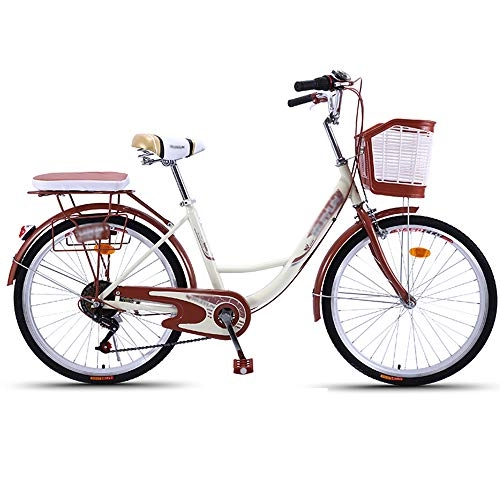 Biciclette da città : STAD Bicicletta da Spiaggia Classica da Donna, Bicicletta per Pendolari Comoda Telaio in Acciaio Ad Alto Tenore di Carbonio Cesto Anteriore Ruote da 26 Pollici Colori Multipli, Beige