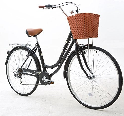 Biciclette da città : Sunrise Cycles - Bicicletta da città, unisex, a 6 velocità, stile olandese, con motivo a fiori gialli neri, 28