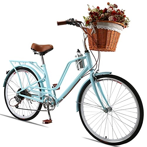 Biciclette da città : TBNB Bicicletta da Crociera da Spiaggia da Donna da 24 Pollici, Bicicletta per pendolari da Città in Stile retrò, 7 velocità, Bianca, Blu, Rossa (Blu)