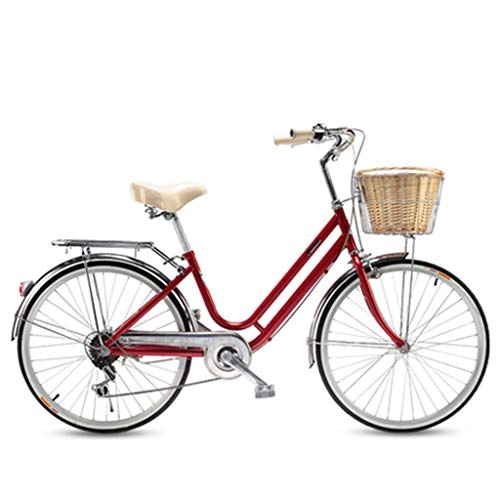 Biciclette da città : ZXLLO Bicicletta da Donna Ruota 24in Shimano A 6 velocità Bicicletta da Città Adatto per Il Pendolarismo E Il Gioco con Cestino in Rattan Imitazione, Rosso