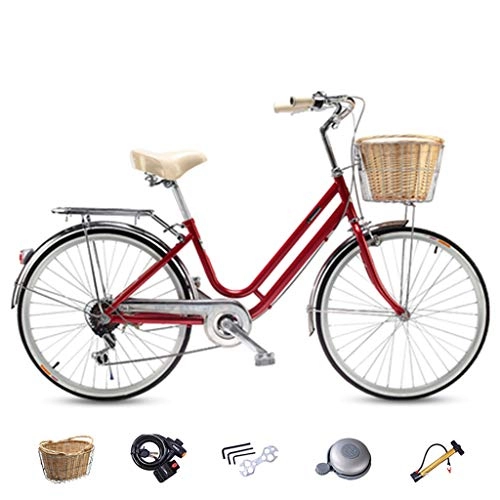 Biciclette da città : ZXLLO Ruota 24in Moto Signore Shimano A 6 velocità Bicicletta da Città Adatto per Il Pendolarismo E Il Gioco con Cestino in Rattan Imitazione, Rosso