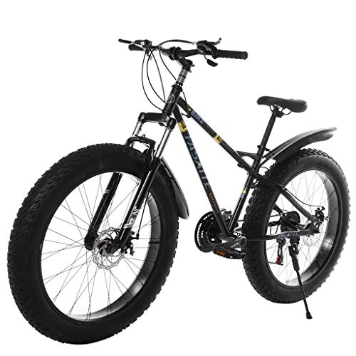 Mountain Bike : 26-inch Fat Tire Mountain Bike 21-Speed Bicycle High-Tensile Steel Frame (Black, One Size)