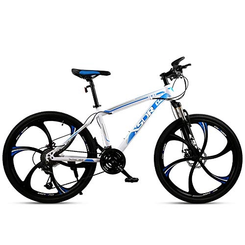 Mountain Bike : Bicicletta da montagna per studenti bici da esterno 24 pollici forcella anteriore con molla a una ruota telaio in acciaio al carbonio a doppio freno bici da strada city bike-Bianco blu_21 velocit