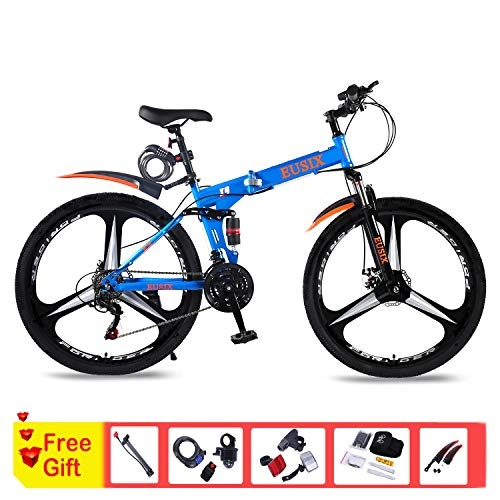 Mountain Bike : EUSIX X9 Uomo Mountain Bike Donna Bicicletta 24 velocit 27, 5 Pollici Telaio in Acciaio ad Alto tenore di Carbonio MTB 27, 5 Pollici Ruote con Sospensione e Freno a Disco Bicicletta Pieghevole (Blu)