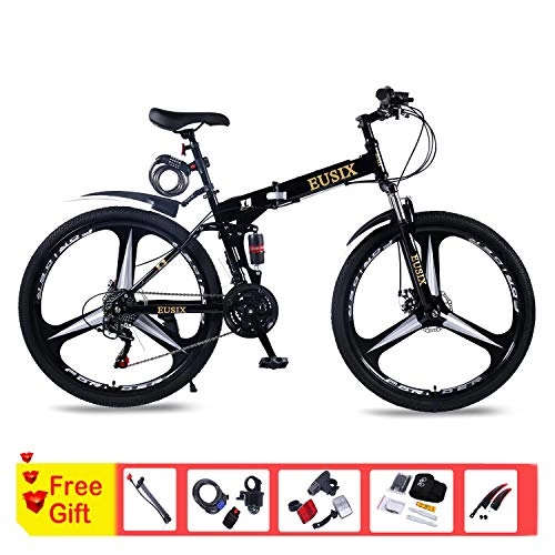 Mountain Bike : EUSIX X9 Uomo Mountain Bike Donna Bicicletta 24 velocit 27, 5 Pollici Telaio in Acciaio ad Alto tenore di Carbonio MTB 27, 5 Pollici Ruote con Sospensione e Freno a Disco Bicicletta Pieghevole (Nero)