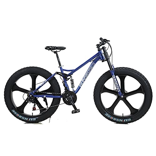 Mountain Bike : Fat Tire Mountain Bike, 7 velocità, Cambio Shimano, con Telaio in Acciaio Ad Alto Tenore di Carbonio, Doppio Freno a Disco E Bici Antiscivolo con Ruote da 26 Pollici Blue-5 Spoke Wheel