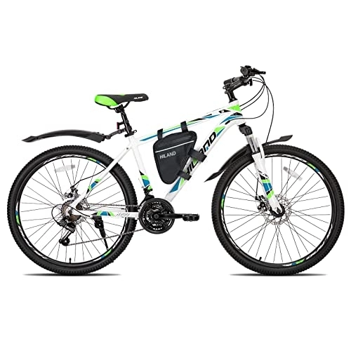 Mountain Bike : Hiland Mountain Bike 26 Pollici con Borsa da Telaio, Bici MTB per Uomo e Donna con Telaio in Alluminio e Freno a Disco Ruote a Raggi, Bianco