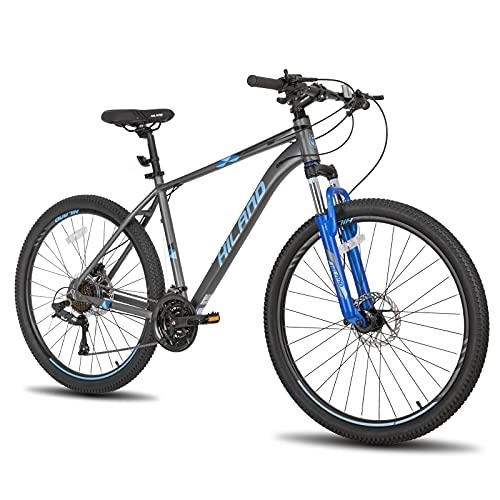 Mountain Bike : Hiland Mountain Bike 27, 5 Pollici con Cambio 27 Velocità, MTB Bicicletta con Freno a Disco e Forcella Ammortizzata Lock-Out, Bici Grigio e Blu