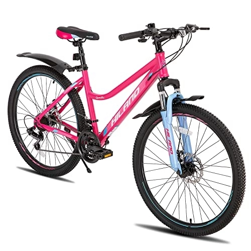 Mountain Bike : Hiland Mountain Bike MTB Bici 26 Pollici per Donna e Ragazza Cambio a 21 Marce con Anteriore Sospensione Telaio in Acciaio Freno a Disco e Parafanghi Rosa…