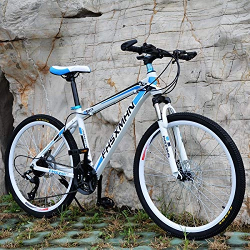Mountain Bike : KYH Double Disc della Bicicletta MTB Studente di Scuola di Mountain Bike Shock Absorbing Maiusc Biciclette Pacchetto Regalo Bar Wheel White Blue- 27 Speed—26 Inches