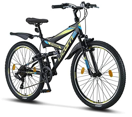 Mountain Bike : Licorne Bike Strong V 26 Pollici Mountain Bike Fully, MTB, Adatto a Partire da 150 cm, V Freno Anteriore e Posteriore, Cambio Shimano 21 Marce, sospensioni Complete, Bicicletta da Ragazzo e da Uomo