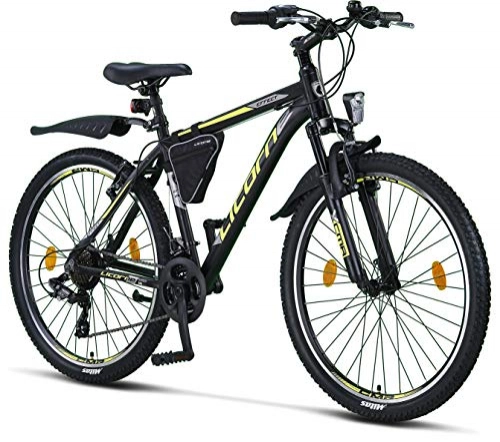 Mountain Bike : Licorne - Mountain bike Premium per bambini, bambine, uomini e donne, con cambio Shimano a 21 marce, nero / lime, 26 inches