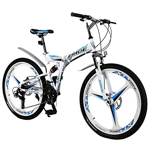 Mountain Bike : Mountain bike pieghevole, alta durezza e acciaio ad alto tenore di carbonio 26 '' maschio / femmina 27 velocità a doppio ammortizzatore da corsa, bicicletta sportiva da esterno per studenti - blu / bi
