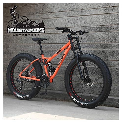 Mountain Bike : NENGGE Mountain Bike 26 Pollici Pneumatico Grasso per Adulti Uomo Donna, Biammortizzata Bicicletta Mountain Bike con Freni a Disco Acciaio Alto Tenore Carbonio Bicicletta da Montagna, Arancia, 27 Speed