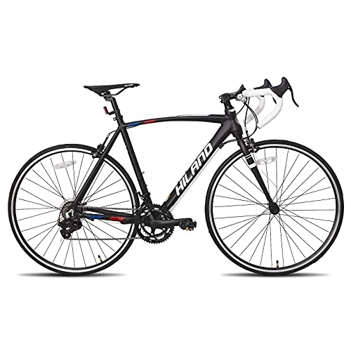 Bicicletas de carretera : Hiland Bicicleta de carreras 700 C con cambio Shimano de 14 velocidades, marco de aluminio de 55 cm, bicicleta de ciudad, para hombre y mujer, color negro