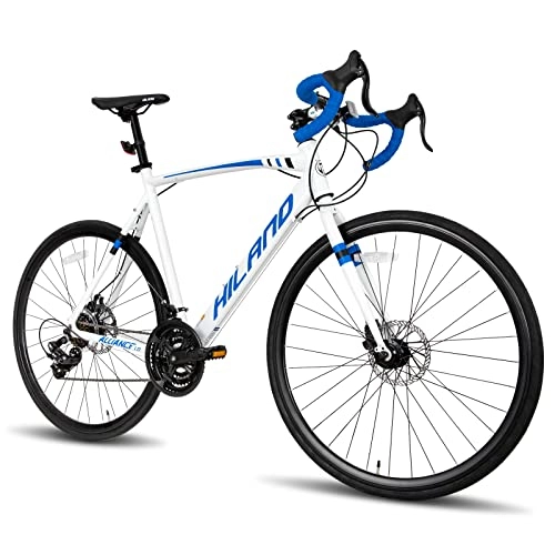 Bicicletas de carretera : Hiland Bicicleta de Carreras 700C para Hombre y Mujer con Marco de Aluminio 57cm Bicicleta de Paseo con Cambio Shimano de 21 Velocidades y Freno de Disco Bicicleta de Ciudad Blanco y Azul…