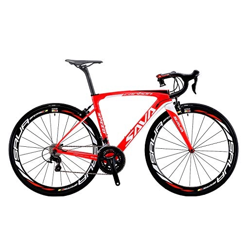Bicicletas de carretera : SAVADECK HERD6.0 700C Bicicleta de Carretera de Fibra de Carbono Shimano 105 R7000 22S Sistema de transmisión Michelin Neumático Fizi:k Sillín (Rojo Blanco, 52)